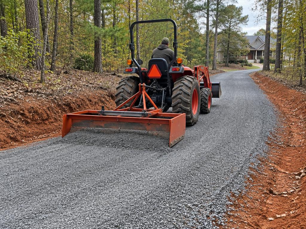 Tractor box blade reshaping a gravel driveway crown