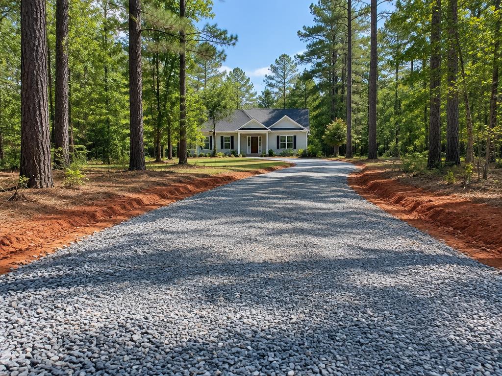 New gray gravel driveway through pine woods toward a North Carolina home