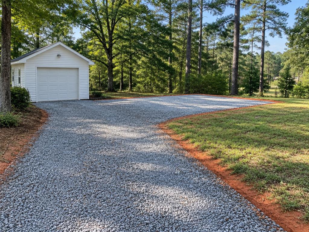 Gravel parking pad beside a detached white garage