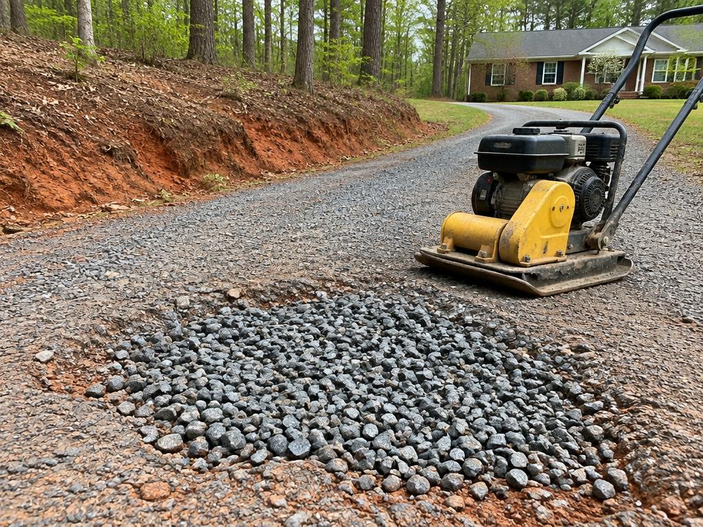 Compactor beside a gravel driveway pothole filled with fresh aggregate