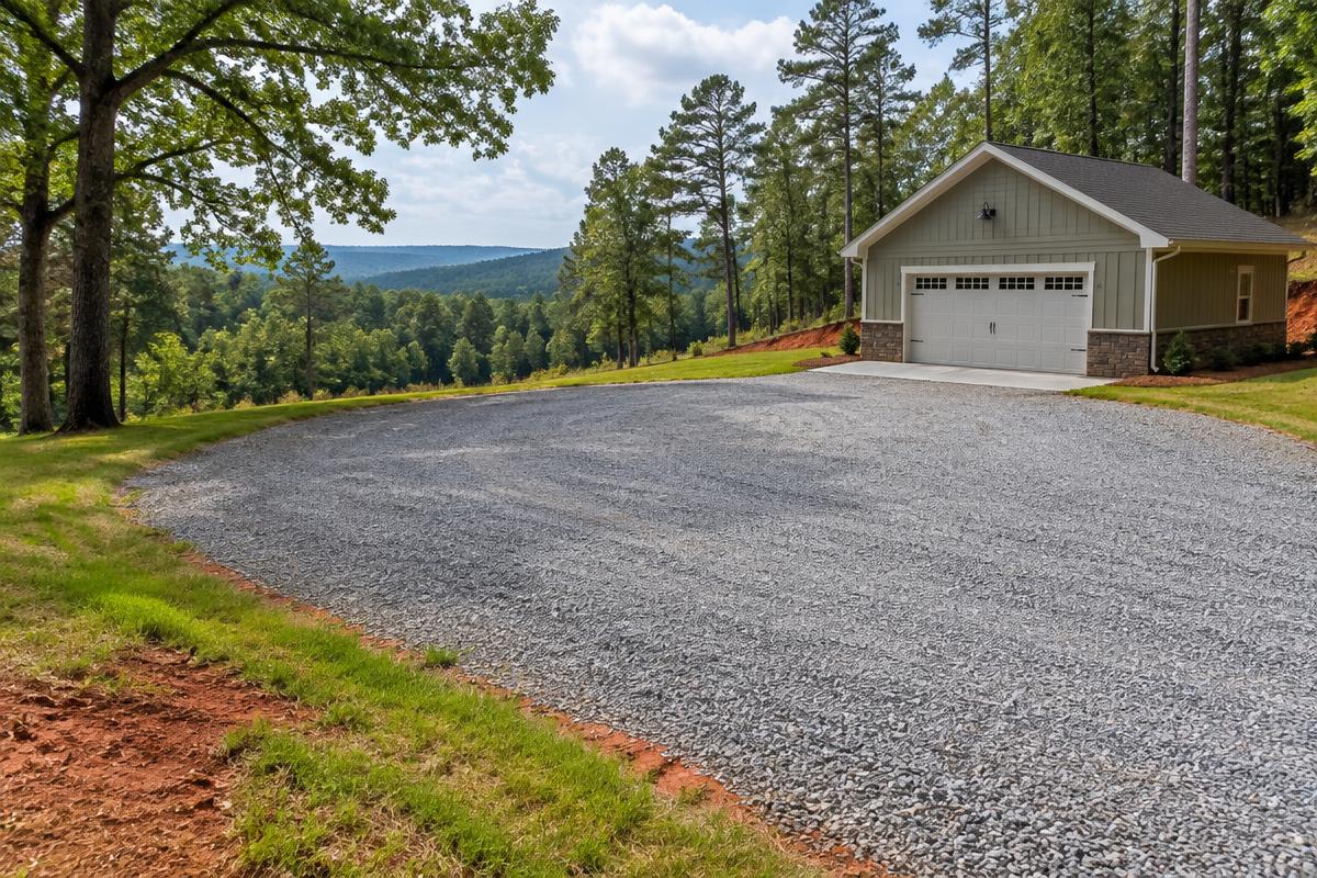 Compacted gravel turnaround beside a garage in rolling Piedmont woodland